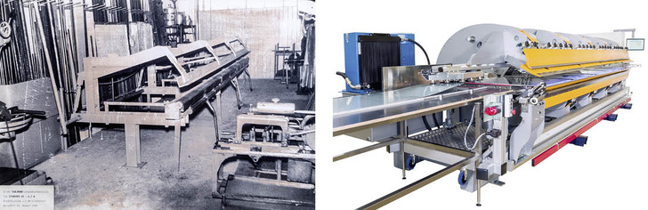 Geburtstagskind: Am 25. August 1960 wurde die erste Thalmann-Langabkantmaschine (Biegeleistung 1,0 mm Eisenblech) ausgeliefert. Daneben ist ein Thalmann Doppelbieger der neuesten Generation zu sehen - © Bilder: Thalmann AG
