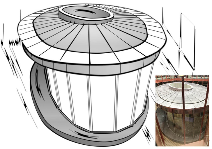 Der Pavillon mit überdachtem Laubengang als Skizze und kurz vor der Fertigstellung