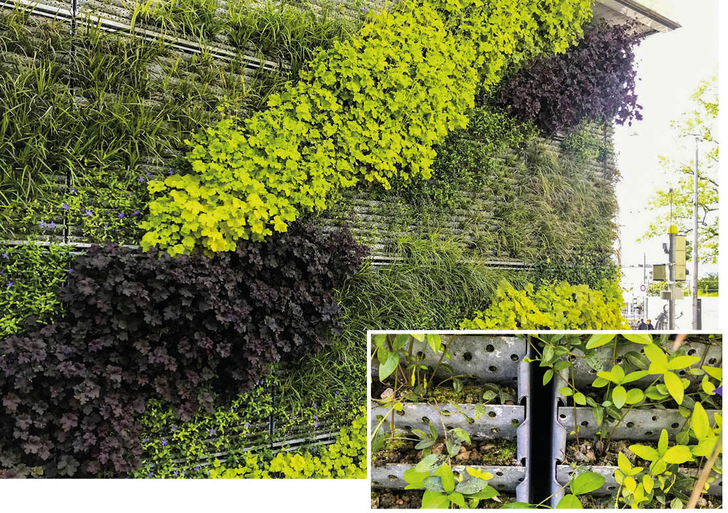 Begrünte Metallfassade am Bahnhof Bern