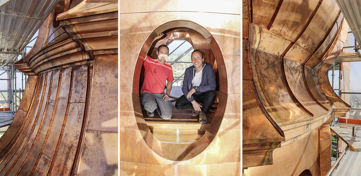 Das Archivbild zeigt die Spengler Ronny Stibane und Wieland Uckrow vom Ausführungsteam der Spenglerei Herbert Nagel GmbH