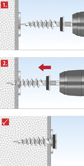 Das Befestigungselement wird ohne Vorbohren durch das Profil in das Wärmedämmverbundsystem eingedreht