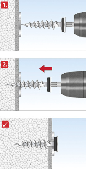 Das Befestigungselement wird ohne Vorbohren durch das Profil in das Wärmedämmverbundsystem eingedreht - © Bild: Tox
