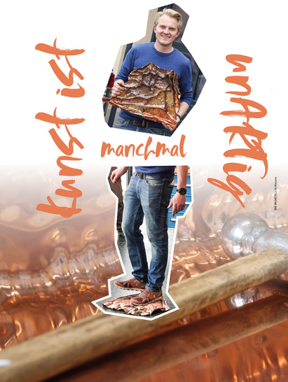 Teilnehmer Thomas Reinbold beim Findungsprozess (unten) und mit der fertigen Arbeit (oben) im Titelbild