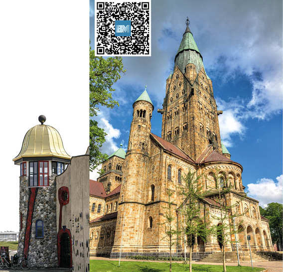 Immer eine Reise wert: die Hundertwasser-Markthalle im schweizerischen ­Altenrhein (l) oder die St.-Antonius-Basilika in Rheine-Eschendorf - © Bildlinks :  Buck; Bild rechts: dennisvdwater - stock.adobe.com
