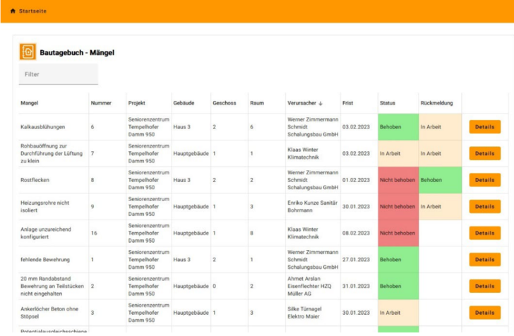 Mit dem neuen Modul "Mängelmanagement Web" können erfasste Mängel online von Projektbeteiligten eingesehen und Rückmeldungen der Verursacher zum aktuellen Bearbeitungsstatus eingeholt werden