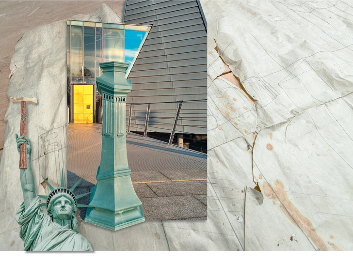 Gerne! Hier ist ein optimierter, themenrelevanter Alt-Text für das beschriebene Bild auf baumetall.de, zugeschnitten auf die Zielgruppe und den redaktionellen Fokus: „Collage zeigt historische und moderne Architekturelemente: Freiheitsstatue symbolisiert internationale Architekturtrends, alter Laternenpfosten steht für traditionelle Metallbearbeitung, Hochhausfassade repräsentiert zeitgemäße Verkleidungstechniken im Metallbau. Im Hintergrund deutet eine Steinskizze Materialvielfalt und gestalterische Möglichkeiten an.“ Dieser Alt-Text beschreibt präzise die Bildinhalte in einem fachspezifischen Kontext und stellt einen Bezug zur täglichen Praxis der Zielgruppe her. - © Bild: Miguel - stock.adobe.com / Picard