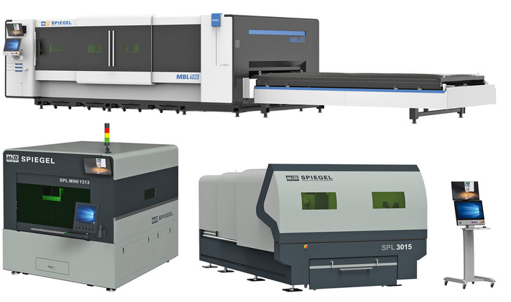 Alle drei Laseranlagen der Gebrüder Spiegel AG auf einer Abbildung: Die Spiegel-Laser MBL (oben), SPL mini und SPL