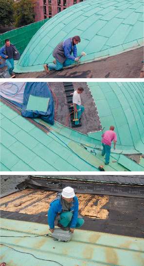 Die Stehfalzarbeiten während der Eindeckung der neuen Kuppel über dem Kollegiengebäude I der Freiburger Universität waren mit Überraschungen verbunden. Einerseits ermöglichte eine ungewöhnliche Holzkonstruktion erst die Rekonstruktion der Kuppel nach alten Vorlagen, andererseits suchten die Blechner der Gebr. Bayer OHG vergeblich nach einfachen symmetrischen Zusammenhängen zur Fertigung der Kupferscharen. Die Fertigung vor Ort war logische Konsequenz und ermöglichte ein ganz besonderes Kuppeldach

