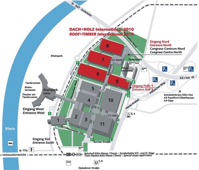 Hallenübersichtsplan für die Dach+Holz International in Köln. Halle 9 ist die absolute Klempnertechnikhalle. Besonders angenehm: Der direkte Eingang zur Halle 9 welcher ­direkt mit dem Shuttle-Bus bequem zu erreichen ist