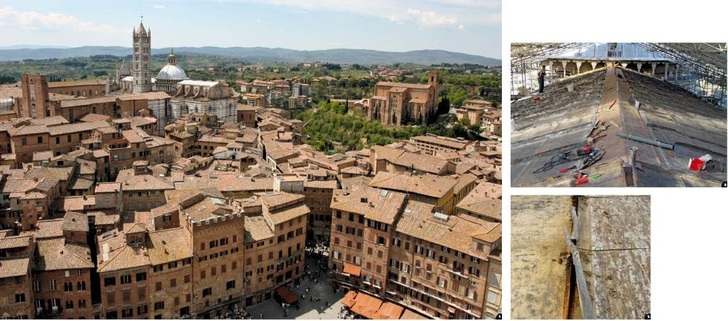 1 Bereits vor der Sanierung

sticht der Dom von Siena mit

seiner prachtvollen Marmorfassade

und der oxidierten

Bleibedachung aus dem rotbraunen

Backstein-Häusermeer

der Altstadt heraus<br />2 Mittelschiff: Befestigung

der Bleischare auf der Unterkonstruktion

mit Trennlage<br />3 Schadenträchtige

Befestigung

der Bleischare

an

einer eisernen T-Leiste