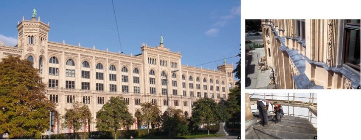 1 Das Gebäude der Regierung von Oberbayern 2 Mit neuem Walbzlei bekleidete Gesimse 3 Zwei Klempner der Leib GmbH aus Moorenweis in Aktion