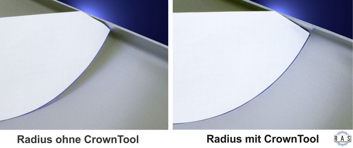 <p>Speziell beim Stepbiegen von Radien erzeugt das Crown-Tool extrem gerade Biegungen</p> - © Reinhardt Maschinenbau  RAS