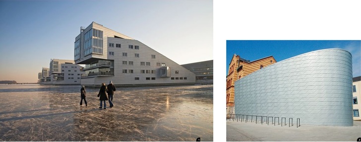 1 Die bekannten Sphinxhäuser im niederländischen Huizen sind komplett mit Falzonal-­Farbaluminium bekleidet<br />2 Speziell angefertigte Sperber-Titanzink-Schindeln schmiegen sich formschön an diesen modernen Erweiterungsanbau