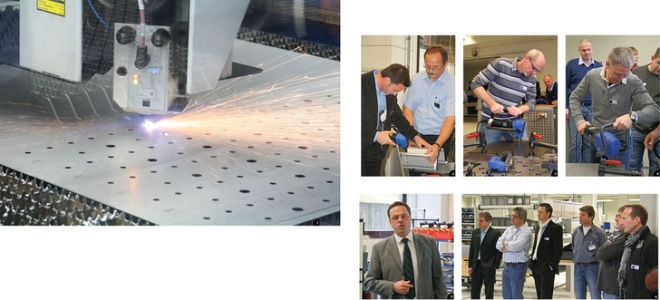 1 Durchaus spannend auch für die Klempner-Ausbilder: Komplexe Fertigungsprozesse greifen bei Trumpf (hier an ­einer 2-D-Laserschneidanlage) wirkungsvoll ineinander 2 Werkzeugprofi Joachim Bürklen (r.): „Dieses Werkzeug eignet sich ideal für Innenausschnitte und Ausklinkungs­arbeiten.“ Mark Holzwarth aus Stuttgart legt Hand an und führt den Nibbler TruTool PN 200 durch ein Trapezprofil. ­Dabei stellt er fest, dass die Arbeitsrichtung im Trapezprofil leicht und jederzeit geändert werden kann3 Andreas Witt vom FSHK aus Hamburg in Aktion: Er testet die leistungsstarke Schere TruTool S 3504 TruTool-Tester Gert Brenner möchte es wissen: Mit Leichtigkeit bändigt er das Schwergewicht unter den Nibblern und führt den N 1000 durch eine 10-mm-Stahlplatine5 Vertriebs- und Marketingleiter ­Johannes Wetzel ­versorgt die Teilnehmer mit theoretischen Informationen 6 P. Kühne, B. ­Kramer, M. Holzwarth, M. Grimm, H. Vogt (halb verdeckt) und A. Fell hören aufmerksam zu