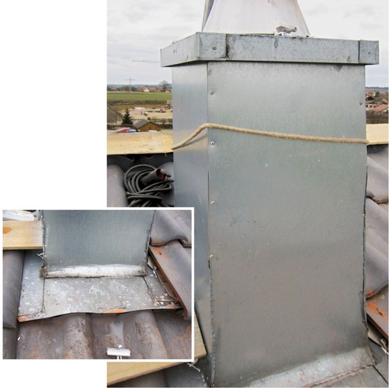 Auf Fotosafari (oben): Die Mitarbeiter des Fachbetriebes Hermann Häckl &amp; Sohn entdeckten eine ausgefallene Unterart freistehender Kaminverkleidungen. Jede Menge Nieten und viel verzinktes Blech sorgten für fragwürdige Sicherheit. Das Ergebnis: Totalsanierung nach kürzester Zeit!
