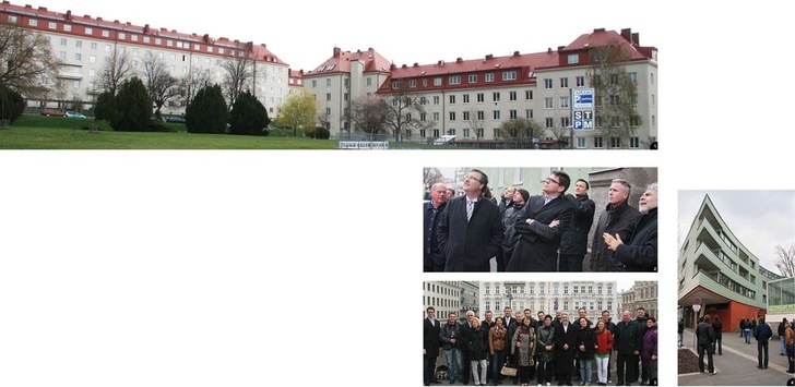 1 Gewaltig: Die mit Aluminium gedeckte Dachlandschaft des Hugo-Breitner-Hofes misst nahezu 60000 m²
2 Nase im Wind und Blick nach oben: Die Prefa-Geschäftsführer Karsten Köhler (2. v.l.) und Mike Bucher (Mitte) präsen­tieren Wiener Aluminium-Architektur
3 Der BAUMETALL-Treff gemeinsam mit den Gastgebern von Prefa vor dem bekannten, aluminiumgedeckten Sacher-Hotel
4 Aluminiumschindeln umhüllen die Wohn­anlage an der Ottakringer Straße
