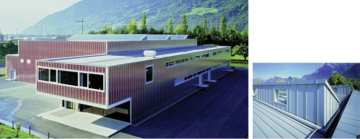 1 Dieses Industriedach in Marienfeld (Schweiz) wurde als Kalzip-Stehfalzsystem ausgeführt<br />2 Aufbauten und Anschlüsse erfolgten teilweise in klassischer Stehfalztechnik