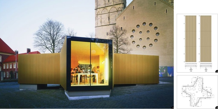 1 Diese Metallschönheit wurde nur kurzzeitig als lebendige Werkstatt zur museums­pädagogischen Kunstvermittlung genutzt. Seiner Bestimmung als Veranstaltungsort für ausstellungsbegleitende Workshops wurde der Pavillon mehr als gerecht2 Die Fassadenprofile fretigte die MN Metallverarbeitung Neustadt GmbH 3 Der Grundriss des temporären Pavillon beeindruckt durch seine individuelle Form