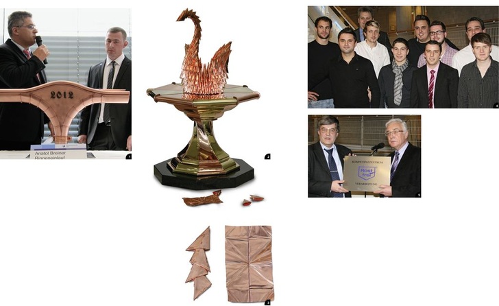 1 Bernd Kramer (Ausbilder, HWK Ulm) und Klempnermeister Anatol Breiner 2 Dieser perfekte Meistersockel entstand ebenfalls in Ulm 3 Tobias Hoppe platzierte auf seinem Meisterstück einen Schwan, den er aus aberhunderten Kupferfolien zusammenfügte 4 Die Blechmasters 2012 der Stuttgarter Robert-Mayer-Schule (RMS)5 Dr. Hans-Peter Wilbert von der Informationsstelle Edelstahl Rostfrei mit RMS-Schulleiter Manfred Härterich