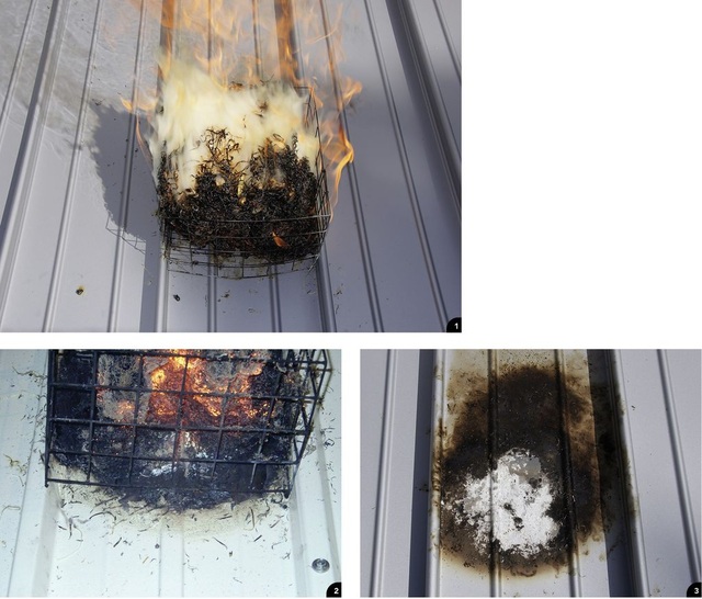 1 Der mit Holzwolle gefüllte Drahtkorb wird auf dem Probendach stehend in Brand gesetzt2 Während und nach Abbrand der Holzwolle erfolgt eine optische Auswertung. Geprüft werden verschiedene Kriterien, etwa die Begrenzung der zerstörten Oberfläche3 Test bestanden: Kein Durchbrand, keine herabfallenden glimmenden oder brennenden Teile