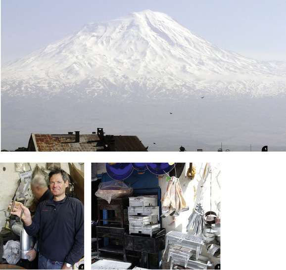 1 Klempner­technik am Fuße des Berges Ararat
2 Jürgen Stifter zu Besuch in einer türkischen Spenglerwerkstatt
3 Der Blick in das Fertigteillager zeigt vor ­ allem Grills und ­Ofenrohre
