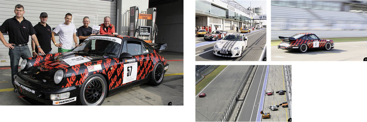 1 Speedfreaks mit Fachlektüre: Die glücklichen BAUMETALL-Preisträger und Klempnermeister Thomas Mezödi, Florian Geier und Peter Stelzer freuen sich auf ein Highspeed-Abenteuer ohne Geschwindigkeitsbegrenzung. Eingerahmt werden sie von den Enke-Geschäftsführern Klaus Stern (l) und Hans-Ulrich Kainzinger (r)
2 Florian Geier verlässt im Toyota GT 86 als erster die Boxengasse
3 Auch der Enke-Porsche gibt Vollgas4 Blick in die Boxengasse und auf den Enke-Parkplatz
