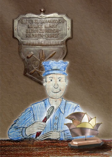 Zeichnung: www.wowa-frerichs.de Dieses hand­getriebene Klempnerwappen von 1927 entdeckte Klaus Birkmann aus Lauf an der Pegnitz im Nachlass ­seines Vaters
