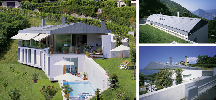 

1 Die Villa Casa Koch schmiegt sich sanft an den Steilhang der Tessiner Gemeinde Cureggia





2 Wie die Schuppen eines großen Fisches bedecken Rheinzink-Rauten gleichmäßig und ohne überstehende Falze das Dach 





3 Schöne Seitensicht auf Baugenerationen: vorne das moderne Wohnhaus, hinten die Gemeindekirche

