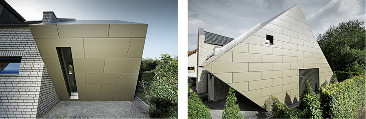 
Das kleine, 15 Jahre alte Wohnhaus mit Sandsteinfassade und schwarzen Dachziegeln profitiert vom Werkstoff Aluminium



