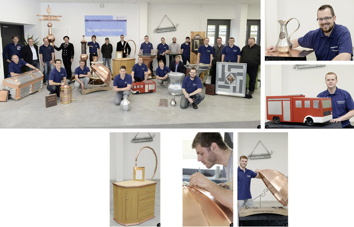 

1


Stolz präsentieren die Jungmeister der Würzburger Spenglermeisterschule ihre Meisterstücke. Auf dem Foto sind auch Ausbilder Arno Fell (4.v.l.) sowie Mitglieder der Prüfungskommission zu sehen




2


Steffen Schulz fertigte eine raffinierte Vase samt Spenglerwappen an




3


Lukas Hannwacker mit seinem feuerroten Löschfahrzeug aus Farb-Aluminium




4


Kupfer und Aluminium in Holzoptik kam zur Anfertigung dieser Kommode zum Einsatz




5


Spenglermeister Maximilian Rühmer bei der Anfertigung ... 




6


... und der Präsentation seines Kupfer-Regenschirms. Keine leichte Aufgabe, denn die geschwungenen und verdrehten Segmente mussten auf der Innenseite ebenso überzeugend ausgeführt werden, wie auf der Außenseite
