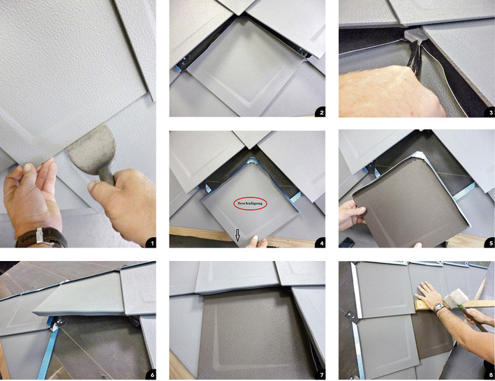 &nbsp;

1

Vorsichtiges Anheben der schrägen Falze mittels Schaleisen

&nbsp;

&nbsp;

2

Händisches Öffnen der Verbindungsfalze

&nbsp;

&nbsp;

3

Befestigungshaft der beschädigten Raute aufbiegen. Achtung! Den Haft dabei nicht entfernen

&nbsp;

&nbsp;

4

Dachraute vorsichtig nach unten herausziehen

&nbsp;

&nbsp;

5

An der neuen Dachraute die oberen Falze etwas aufbiegen

&nbsp;

&nbsp;

6

Bei den beiden oben angrenzenden Dachrauten den Einhangfalz ebenfalls leicht öffnen

&nbsp;

&nbsp;

7

Die neue Prefa-Dachraute nach oben einschieben und den Haft dann wieder schließen bzw. einbinden. Anschließend die oberen Dachrauten mit der Hand nach unten drücken und die Falze verbinden

&nbsp;

&nbsp;

8

Mit einer Holzleiste und einem Kunst-stoffhammer die Falze wieder sorgfältig anarbeiten

&nbsp;
