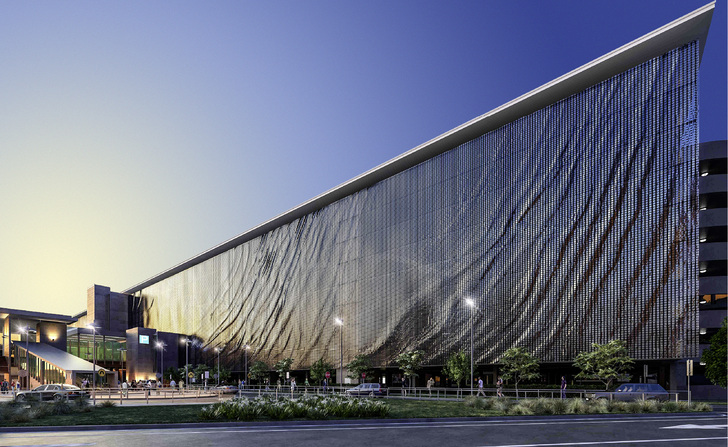 <p>
Die Fassade des Flughafens Brisbane wirkt wie eine im Wind wogende metallische Wiese
</p>