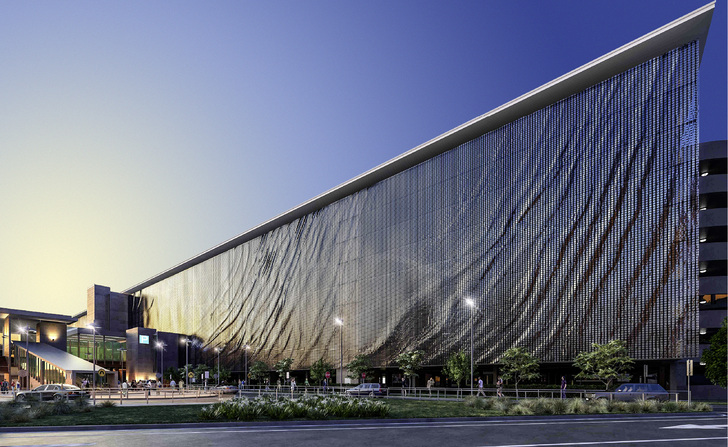 
Die Fassade des Flughafens Brisbane wirkt wie eine im Wind wogende metallische Wiese
