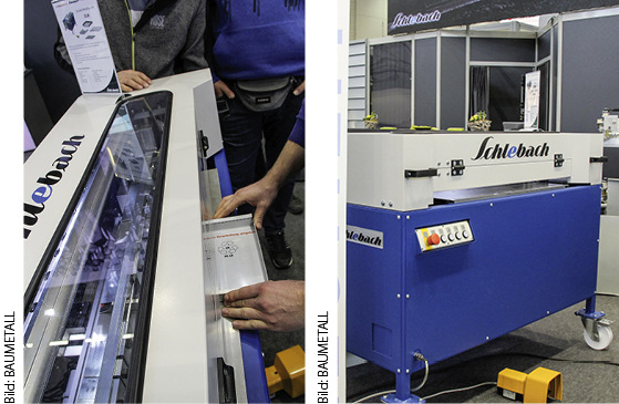 Die neue Doppelumkantstation von Schlebach biegt Umkantungen von Schindeln, Rauten, Kassetten oder Scharabschlüssen in zwei Richtungen
