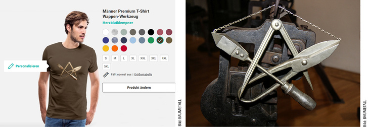 <p>
</p>

<p>
Original und Fälschung: Dieses Titanzink-Spenglerwappen gibt es ab sofort auch als 3D-Aufdruck auf T-Shirts und anderen Kleidungsstücken
</p> - © BAUMETALL

