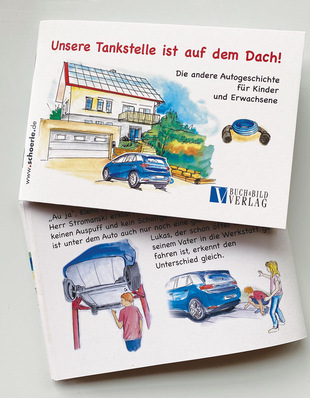 Dieses besondere Kinderbuch schildert u.a. wie Strom von der Photovoltaikanlage auf dem Dach ins Elektroauto gelangt