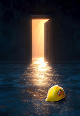 Mysterious door with light shining through, water reflection.