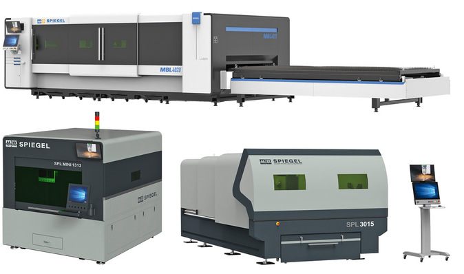 Alle drei Laseranlagen der Gebrüder Spiegel AG auf einer Abbildung: Die Spiegel-Laser MBL (oben), SPL mini und SPL