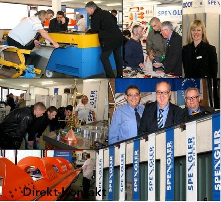 1 Ein Profiline-Profilierautomat im Einsatz2 Heiß umlagerte Werkzeugwand3 Monika Geyer von Roofinox4 Spontaner Wetterfahnen-Check5 Das Spengler-Direct-Erfolgstrio: Ewald Egloff (Herzblutspengler und Aussendienst-Fachberater), Geschäftsführer Walter Müntener (Einkauf, Verkauf und Marketing), Heinz Ehrensberger (Logistik)6 Eine Langabkantmaschine von Tensol OEMB im Einsatz