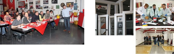 1 Blick in den voll besetzten Enke-Schulungsraum
2 Details auf dem Stuttgarter Messestand der Sanierungsprofis
3 Das Trainingsprogramm beinhaltet neben der Ausbildung anspruchsvoller Anschlüsse mit Flüssigkunststoffen ...
4 ... auch die Beschichtung von Fußböden mit Enketop
