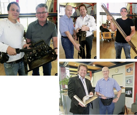 1 Banz-Geschäftsleiter und Diplom-Spenglermeister Roger Lötscher sowie Bauspengler-Lehrling Patrick Anstutz stemmen ein zirka 40 kg schweres Nos­talgie-Falzform- und Schließwerkzeug2 Walter Banz aus Luzern und Vorstand der Museumsstiftung Mario Bott präsentieren die neueste Rarität im ­Europäischen Klempner- und Kupferschmiedemuseum: eine historische ­Bördel-Sickenmaschine3 Bauspengler und Blitzschutzexperte Andreas Hotz vom Fachbetrieb Banz AG aus Luzern mit einer alten Lötzange4 Mario Bott blättert in einem der alten Schweizer Fachbücher, die ihm Walter Banz aus der Schweiz übergeben hat