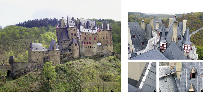 1 Imposanter Anblick: Burg Eltz in der südlichen Eifel2 Türme, Gauben und Schornsteine auf engstem Raum3 Wandanschluss aus Walzblei kunstvoll an den Schiefer angeformt4 Aufwendige Schornsteinverwahrung