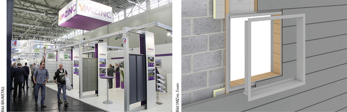 Neben dem VMZ Unicprofil stellte VMZinc acht unterschiedliche Oberflächen vor. Zu sehen waren walzblanke und vorbewitterte Varianten sowie die gefärbten Pigmento-Oberflächen oder das weiße Azengar-Zink
